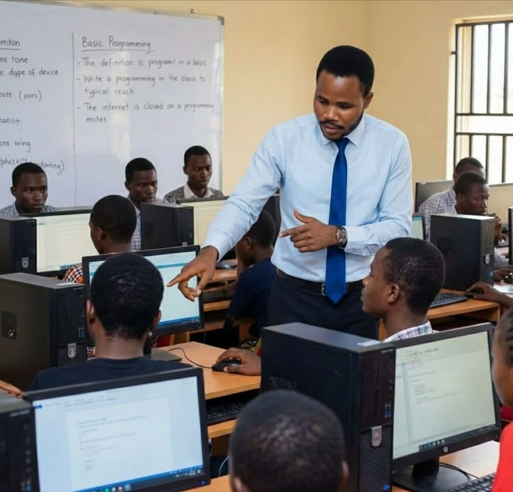 A teacher helping learners during a computer lesson